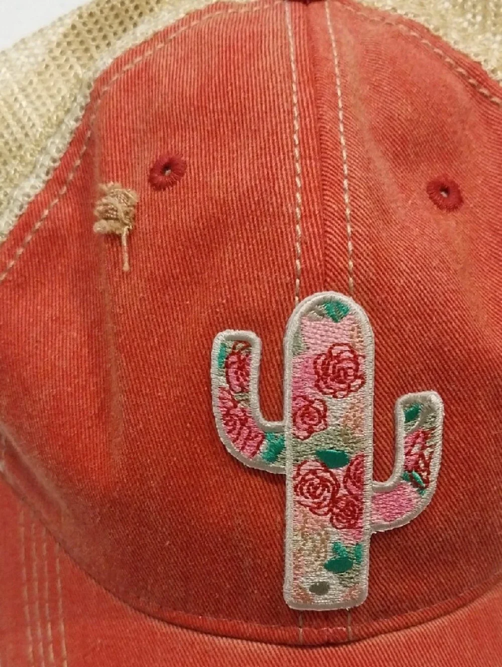 Distressed Red Cap with Floral Cactus Patch NWOT